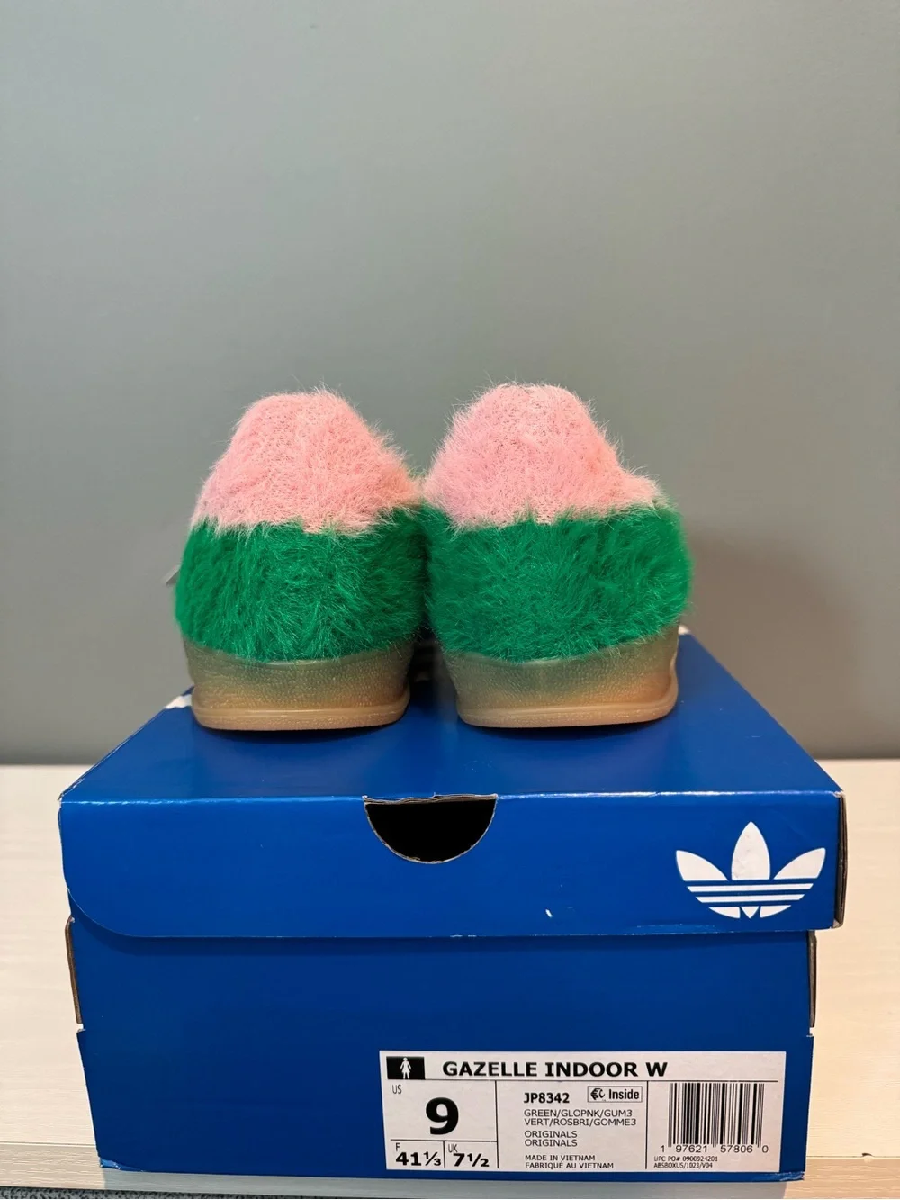 adidas Green with Pink Stripe Fuzzy Gazelle Sneakers